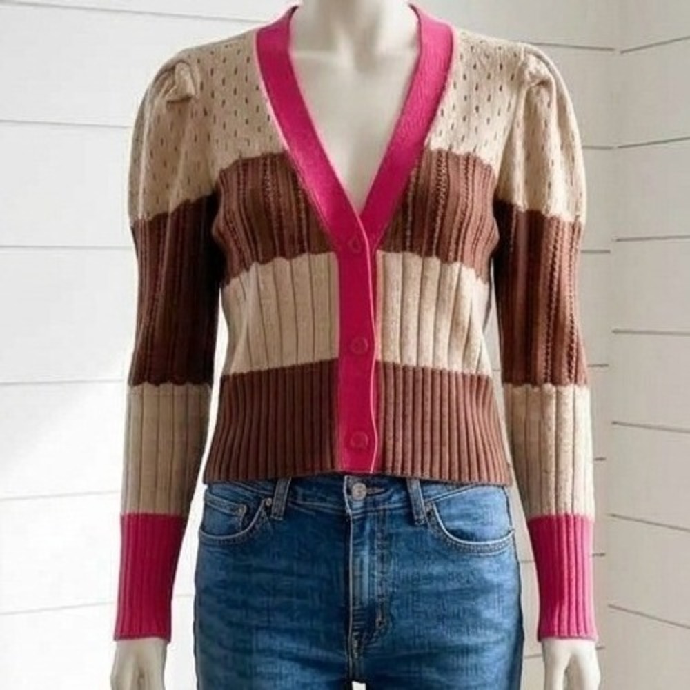Calligraphie Cardigan Sweater Multicolor Striped Pointelle Puff Sleeve Medium